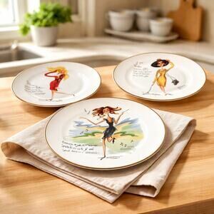 Sakura Glamour Girls 8" Plates Set of 3 Stoneware Fashion Quote